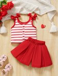 Girls Stretchy 2PCS Stripped Bow Decor Top + Shorts Set Spring Summer Holiday Gift