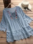 Plus Size Elegant Blouse Women's Plus Floral Appliques Contrast Guipure Lace Short Sleeve Tie Neck Top