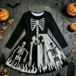 Halloween Girls’ Whimsical Skull Long-sleeve Dress