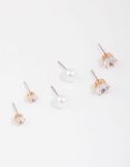 Goldair Gold Pearl & Diamante Stud Earring 3-PACK