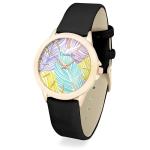 Ladies Black Leatherette Strap Watch With Palm Leaf Face