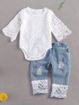 Baby Girl's Stylish Clothes Set Lace Ruffle Romper & Flared Denim Jeans & Headband 3PCS Newborn Infant Outfits Coquette Style