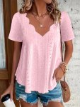 Plus Size Eyelet Scallop Trim V Neck T-Shirt Casual Short Sleeve Top For Spring & Summer Women's Plus Size Clothing