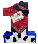 20" Tall Number One Pinata Cowboy Theme Sheriff First Birthday 1ST Party Supplies Decoration Cow Pattern Red Blue
