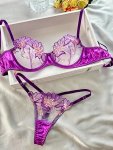 Floral Embroidered Sheer Lingerie Set Low Cup Non Padded Bra & G-stirngs Women's Sexy Lingerie & Underwear