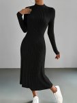 Rib Knit Long Sleeve Knitted Dress Casual Mock Neck Solid Color Dress Women's Clothing