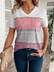 Color Block V Neck T-Shirt Casual Short Sleeve T-Shirt For Spring & Summer Women's Clothing