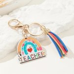 Teacher Rainbow Tassel Keychain Cute Wooden Key Chain Ring Bag Backpack Charm Car Hanging Pendant Teacher's Day Graduation Gift