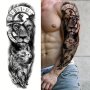 Lion & Clock Full Arm Temporary Tattoo Sticker - Waterproof Long-lasting Body Art For Men & Women Realistic Tribal Wolf Design