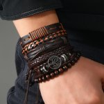 6PCS Trendy Retro Woven Pu Leather Men's Bracelet Stylish Wristband Accessories