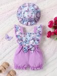 Baby's Cartoon Sunflower Pattern Faux Two-piece Bodysuit & Hat Casual Bowknot Cap Sleeve Romper Toddler & Infant Girl's Onesie F