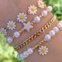 4pc Daisy Flower Pendant Beaded Bracelet Set With White Faux Pearls Beads Stackable Hand String Jewelry Set