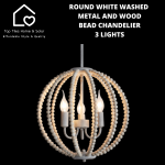 Round White Washed Metal And Wood Bead Chandelier - 3 Lights
