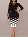 Geo Print Notch Neck Sheath Dress Elegant Long Sleeve Slim Dress For Spring & Fall Women's Clothing