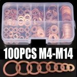 100PCS Copper Crush Washer Gasket Set Flat Ring Seal Assortment Kit