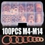 100pcs Copper Crush Washer Gasket Set Flat Ring Seal Assortment Kit