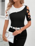 Elegant Color Block Slim-fit T-Shirt For Women - Crew Neck Cutout Detail Stretchy Polyester Blend Perfect For Spring & Summer