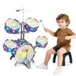 Kids Jazz Drum Set With Flashing Lights & Music Interactive 5-PIECE Drum Kit With Stool & Drumsticks Early Musical Educational T