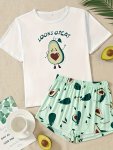 Women's Cute Avocado & Letter Print Pajama Set Short Sleeve Round Neck Top & Shorts Comfortable Relaxed Fit