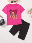 2PCS Cartoon Portrait Graphic Short Sleeve Crew Neck T-Shirt + Solid Color Slim Shorts Set For Girls Casual And Trendy Holiday S