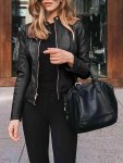 Pu Leather Solid Color Jacket Stylish Long Sleeves Zipper Front Jacket Women's Clothing