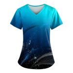 Scrubs For Women V Neck Short Sleeve Printed Tops Cartoon Pattern Plus Size Nursing With Pockets Blues 4XL