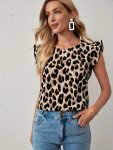 Leopard Print Cap Sleeve Blouse Stylish Ruffle Trim Blouse For Spring & Summer Women's Clothing