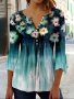 Floral Print Button Front V Neck T-Shirt Elegant 3/4 Sleeve Top For Spring & Fall Women's Clothing