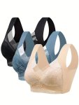 3 Pcs Women's Floral Lace Full-coverage Sports Bras Comfortable Breathable Push Up Sports Bralettes Women's Activewear