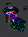 Boys' 2-PIECES Set Luminous 3D Dinosaur Print Tee And Matching Shorts Cozy Set