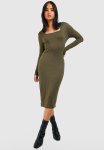 Basic Square Neck Midi Dress - Khaki