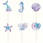6PCS Mermaid Birthday Party Decoration Cake Toppers Cupcake Topper Reusable Mermaid Tail Happy Birthday Dessert Cake Topper Cake