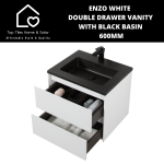 Enzo White Double Drawer Vanity With Black Basin - 600MM