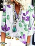 Floral Print V Neck Blouse Casual 3 4 Sleeve Top For Spring & Summer Women's Clothing