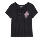 Women’s Bling Angel Wings Short Sleeve Laced Front Tee – Harley Black
