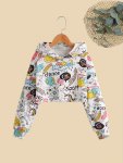 Girls Trendy & Casual Long Sleeve Allover Cartoon Graphic Print Hoodie For Fall & Winter Girls Clothes