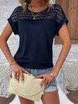 Contrast Lace Crew Neck T-Shirt Casual Batwing Sleeve Top For Spring & Summer Women's Clothing