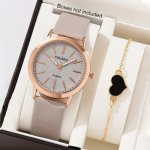 2PCS SET Women's Casual Minimalist Quartz Watch Analog Pu Leather Wrist Watch & Heart Bracelet Gift For Mom Her