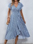 Floral Print Surplice Neck Tied Dress Casual Flutter Sleeve Ruffle Hem Dress For Spring & Summer Women's Clothing