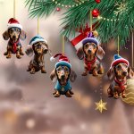 5 Pcs Festive Christmas Tree Ornament: Cute Dachshund Puppies In Santa Hats Classic Style Acrylic Material No Feathers Perfect F