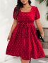 Plus Size Polka Dot Print Dress Casual Square Neck Short Sleeve Belted Dress Women's Plus Size Clothing