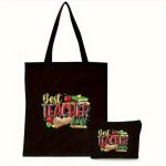 2PCS Teacher Letter Print Tote Bag Set Lightweight Grocery Shopping Bag Canvas Travel Shoulder Bag With Makeup Bag