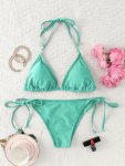 Solid Color Triangle 2 Piece Set Bikini Halter V Neck Tie Back Backless High Cut Tie Side Swimsuits Women's Swimwear & Clothing
