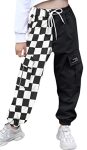 Sangtree Girl Pants Elastic Waist Multi Pockets Pull On Cargo Jogging With Drawstring Colorblock-black White Checked 11-12 Years