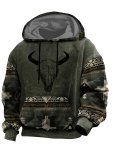 Men's Bull Print Hoodie With Kangaroo Pocket Casual Breathable Long Sleeve Hooded Sweatshirt For Outdoor