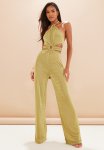 Olive Acetate Slinky Ring Detail Cut Out Halter Jumpsuit - Olive