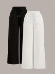 2PCS Solid Color Drawstring Waist Wide Leg Pants Elegant High Waist Versatile Commuter Wear Pants For Spring & Summer Women's Cl