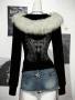 Women's Retro Y2K Punk Black Goth Winter Jacket Faux Fur Collar Hooded Rhinestone Winged Print Long Sleeve Fitted Coat For Night Out