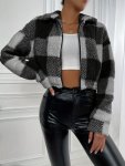 Plaid Zip-up Teddy Coat Casual Thermal Long Sleeve Crop Coat For Fall & Winter Women's Clothing