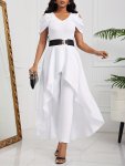 Solid Cold Shoulder Jumpsuit Casual V Neck Short Sleeve Jumpsuit With Overskirts Women's Clothing